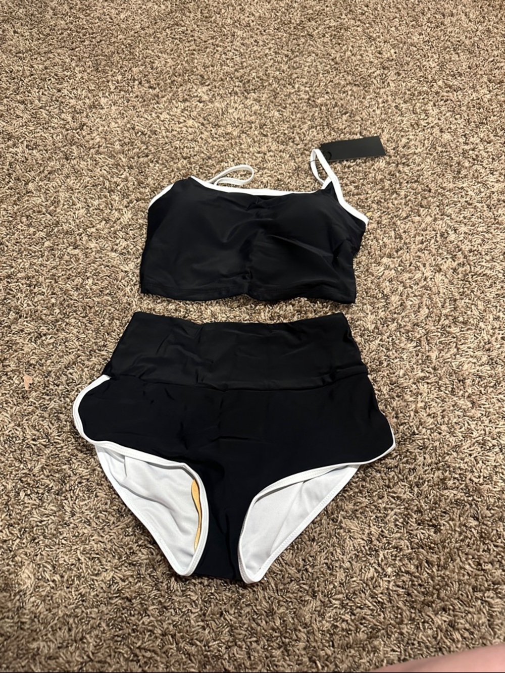 Black High-Waist Two-Piece Bikini with White Trim